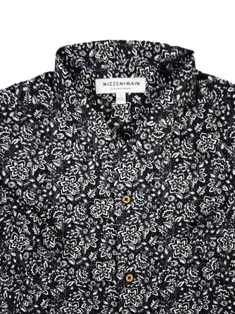 Mizzen Main Men’s Short Sleeve Performance Button up Shirt L Black White Floral